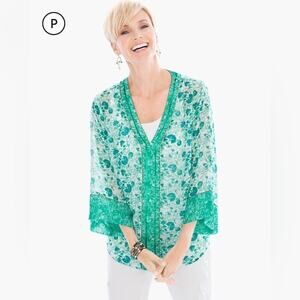 CHICO'S | Green & White Congo Contemporary Garden Floral Tunic Top | Medium